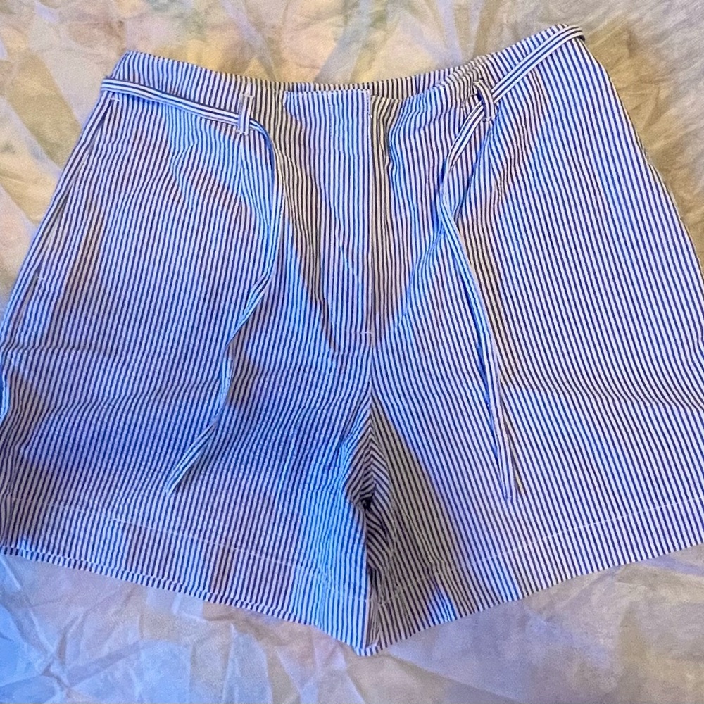 Ann Taylor blue and white flat front seersucker shorts.